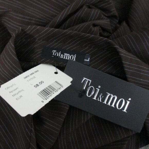 Toi & Moi Blouse Fitted Brown Button Down Pinstripe French Cuff Size L NWT $58 - Picture 6 of 7